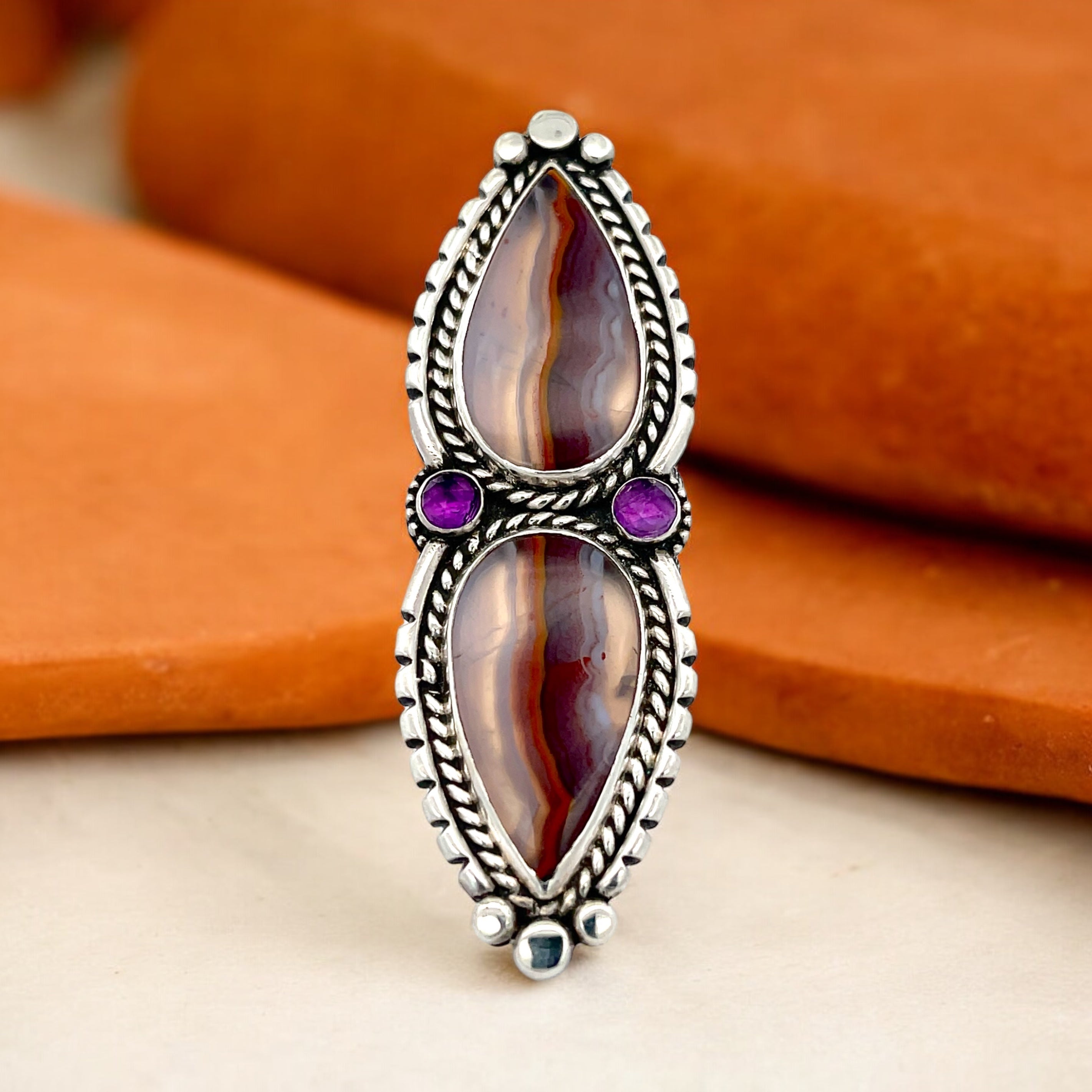 Moroccan Agate + Amethyst Statement Ring Size 8.5