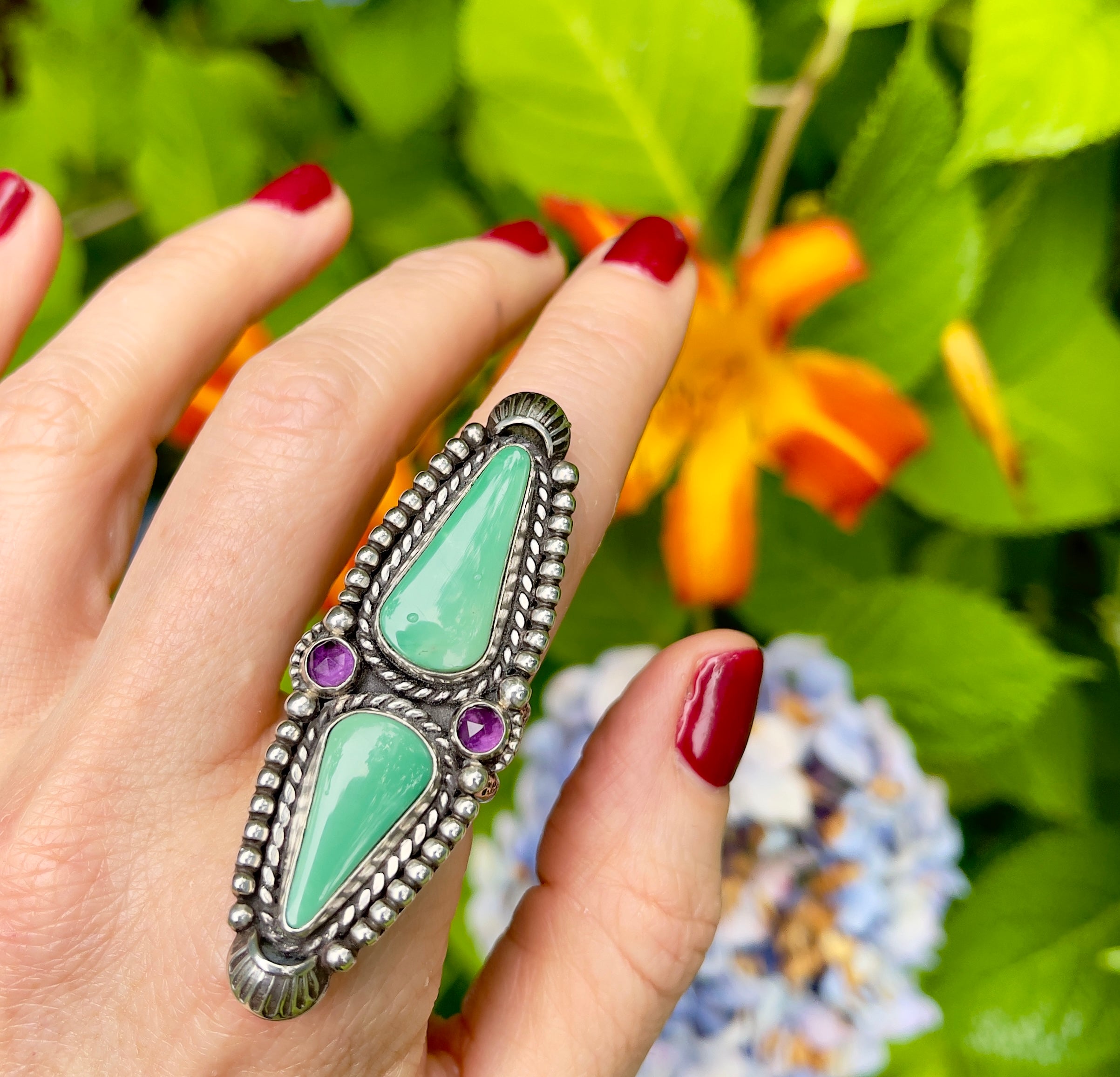 Turquoise Amethyst Statement Ring Size 7.5-7.75